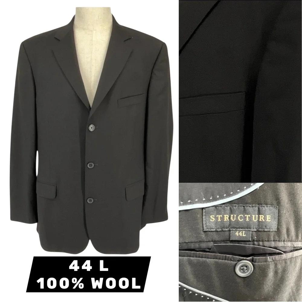 Structure Mens 44L Black 100% Wool 3 Button Blazer‎ Sport Coat Jacket Cut